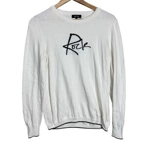 SAINT+SOFIA White Organic Cotton Knit Sweater Sequins Rock Graphic Long Sleeve S